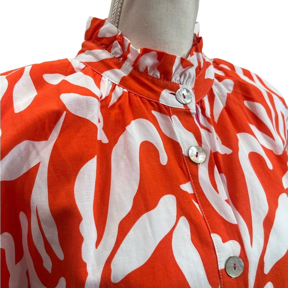 THML Orange White Botanical Print Ruffle Neck Mini Dress Linen Blend M - Picture 7 of 10